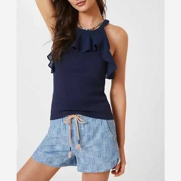 Anthropologie Maeve Ruffled Rib Halter Tank Top Blue Flounce Neck Stretch Cotton - Picture 1 of 8